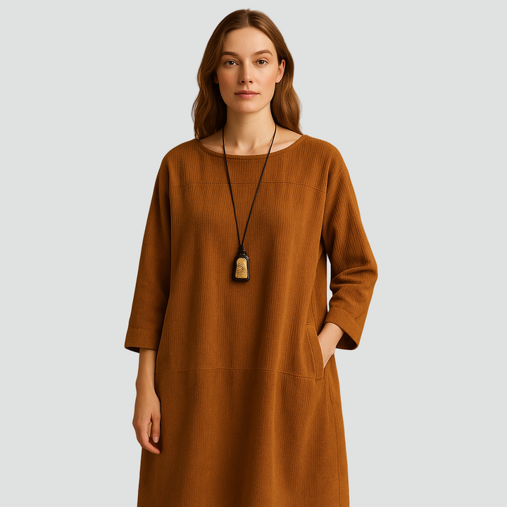 Luźna dzianinowa sukienka midi z kieszeniami dla kobiet