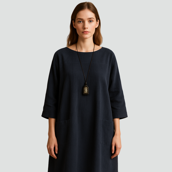 Luźna dzianinowa sukienka midi z kieszeniami dla kobiet