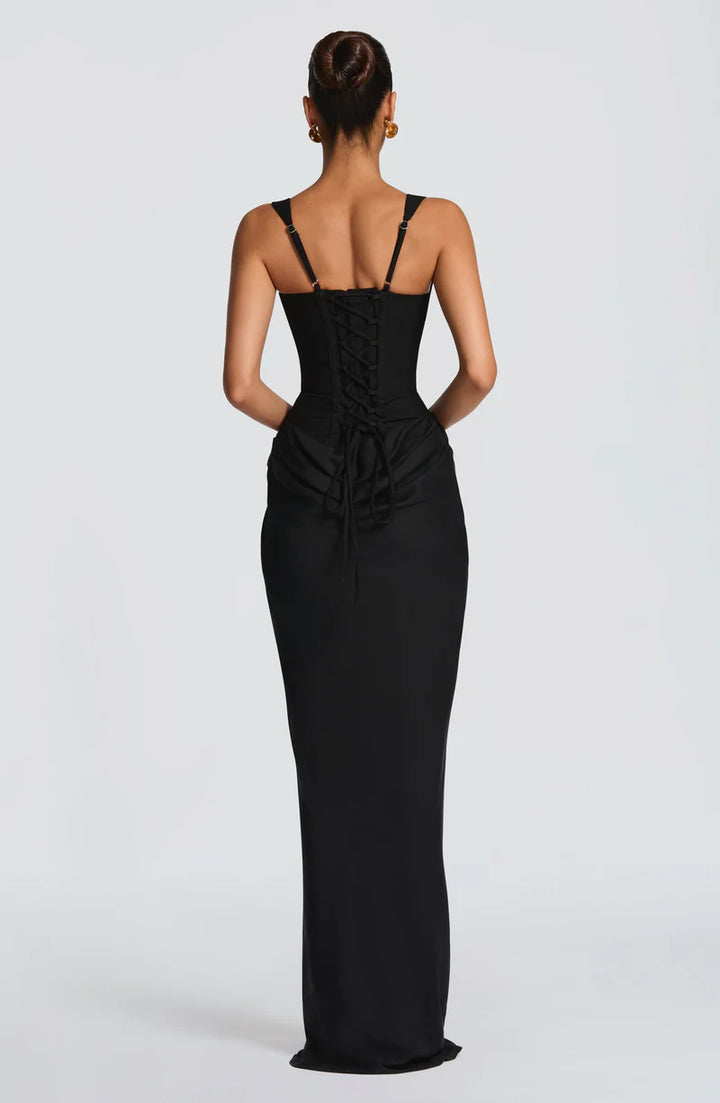 Black Maxi Corset Dress with Open Back