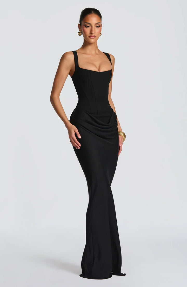 Black Maxi Corset Dress with Open Back