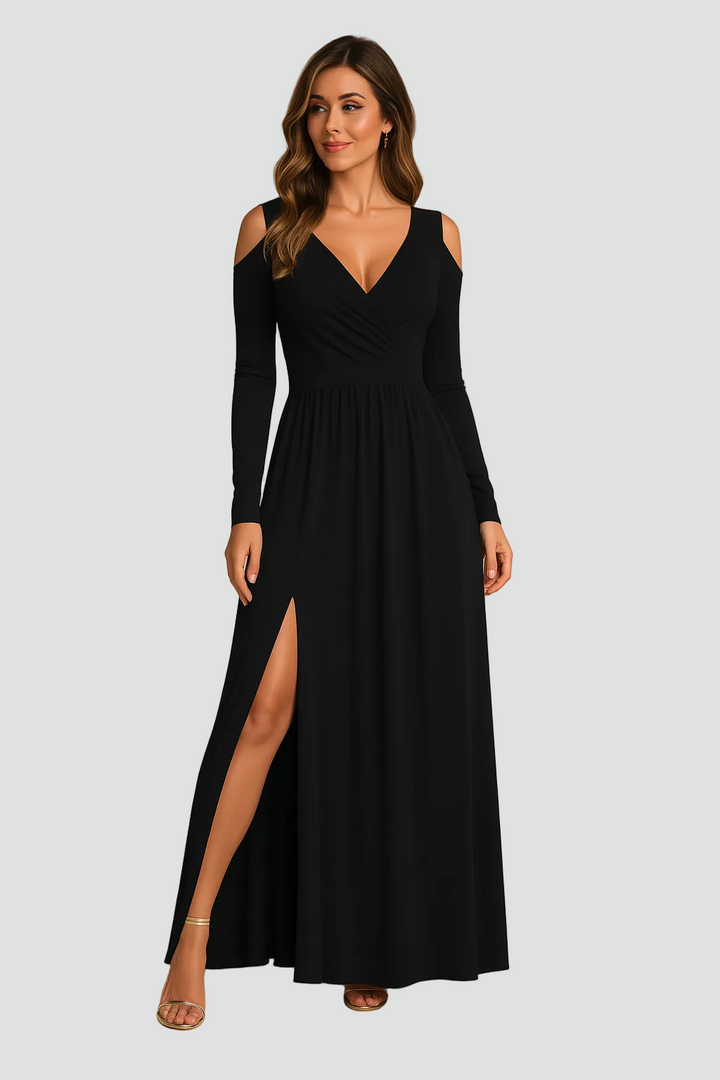 Elegancka koktajlowa sukienka damska maxi z rozcięciem