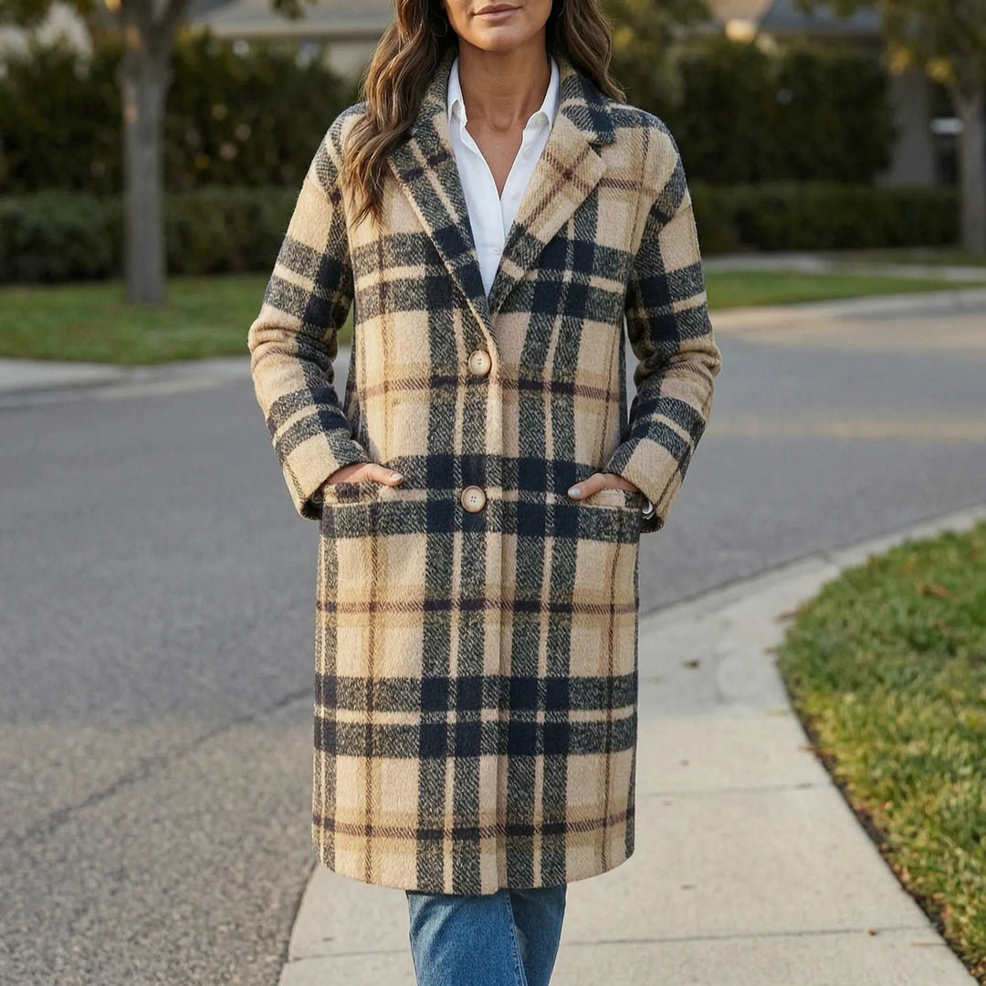 PlaidwellLong Checkered Lapel Coat For Women
