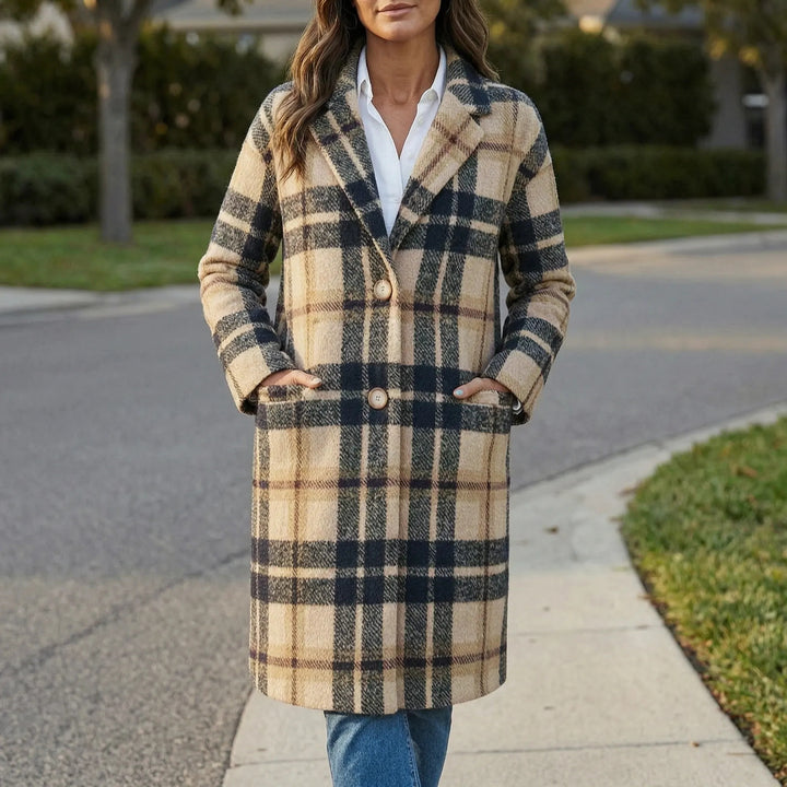 PlaidwellLong Checkered Lapel Coat For Women