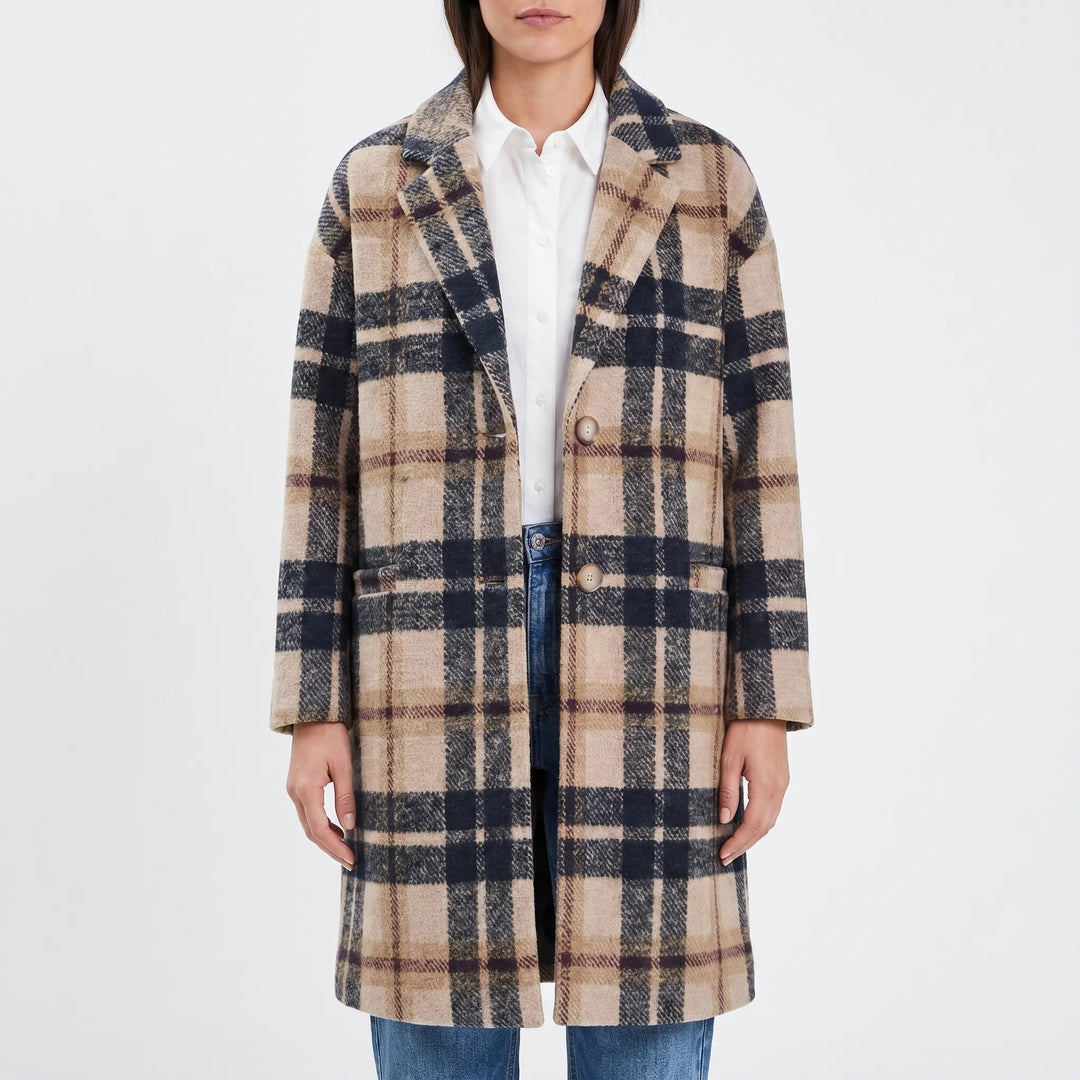 PlaidwellLong Checkered Lapel Coat For Women
