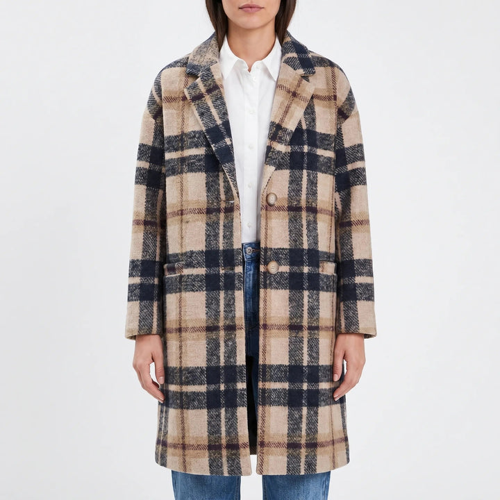 PlaidwellLong Checkered Lapel Coat For Women