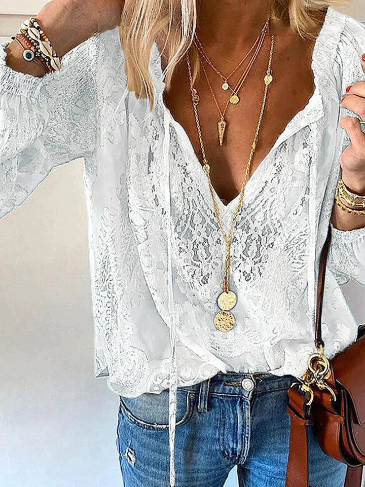 Women's boho lace blouse with tie and V-neck