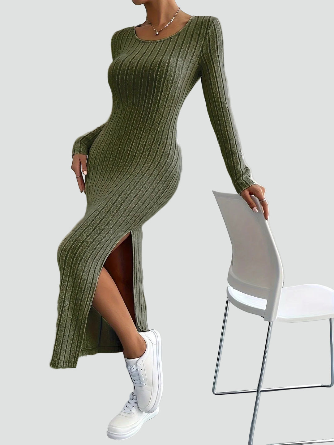 Geribbelde maxi feestjurk met split