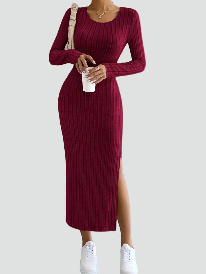 Geribbelde maxi feestjurk met split