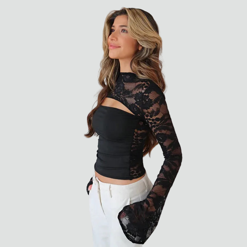 Women's Lace Top Cut-Out Long Sleeve Evening Party