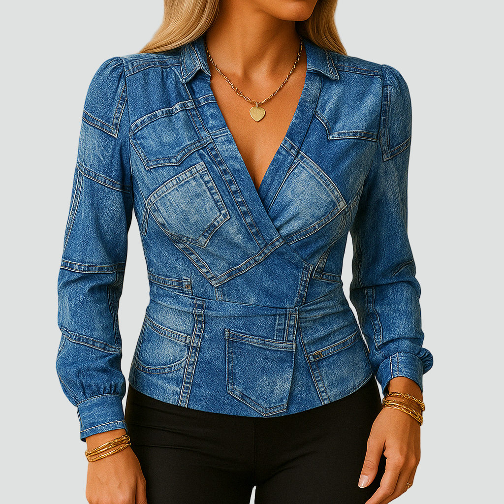 Elegancka damska bluzka z długim rękawem i dekoltem v dopasowana