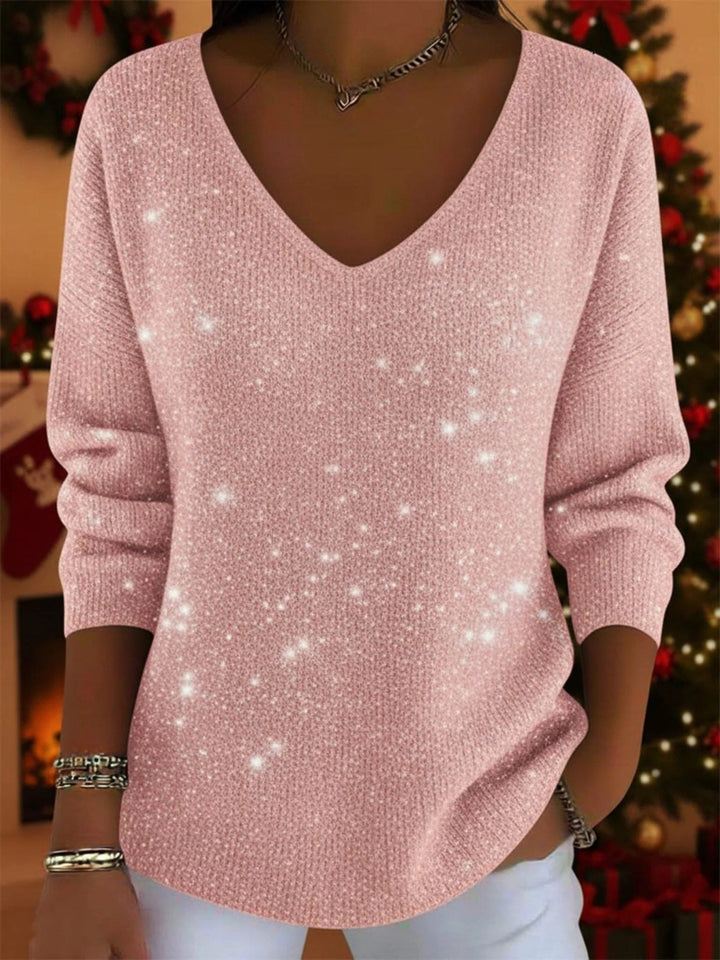 Festive Glitter V-Neck Long Sleeve Jumper for Women - Pink