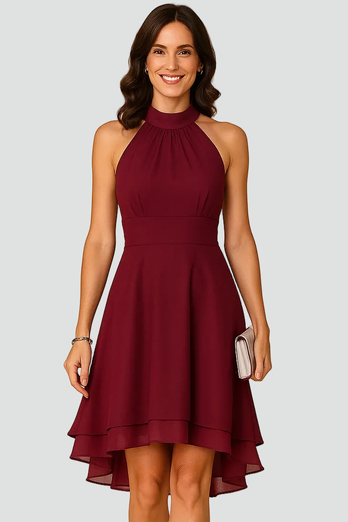 Women's cocktail dress with halter neckline and asymmetrical hem