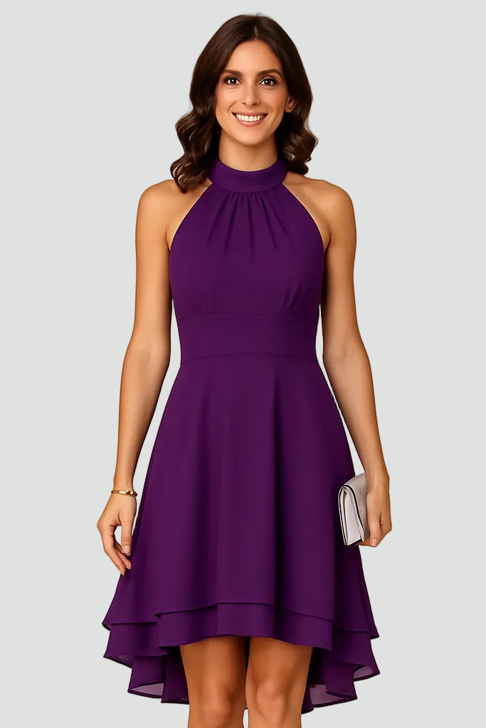 Women's cocktail dress with halter neckline and asymmetrical hem
