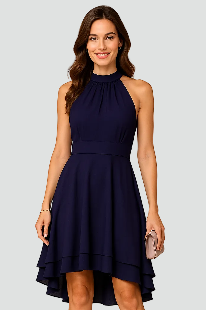 Women's cocktail dress with halter neckline and asymmetrical hem