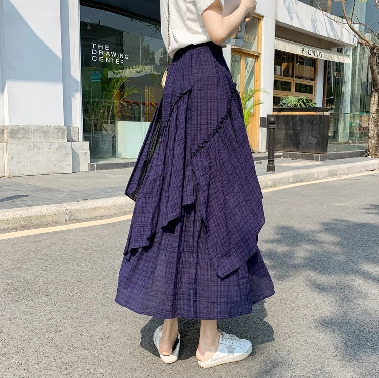 Lange Rok Dames | Retro Ruitpatroon &amp; Asymmetrische Volantrok