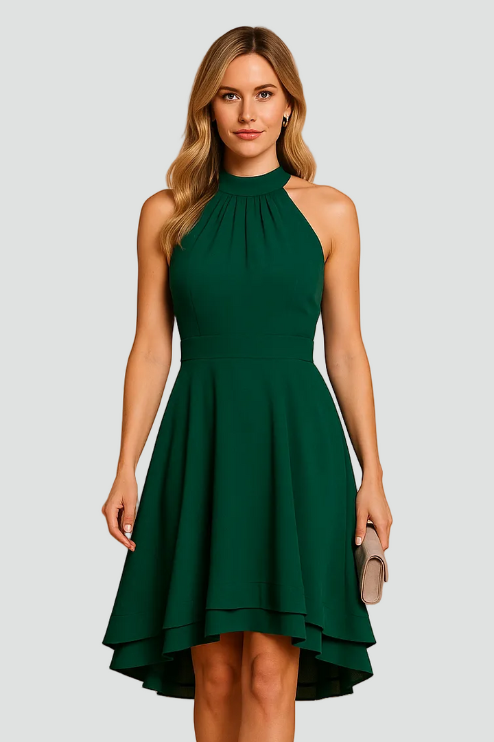 Women's cocktail dress with halter neckline and asymmetrical hem