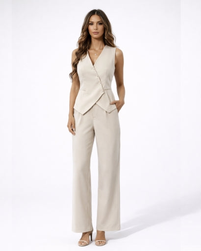 Ensemble Femme Gilet Tailleur Sans Manches Pantalon Large
