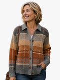 Women's checked knit cardigan with buttons and a collar
