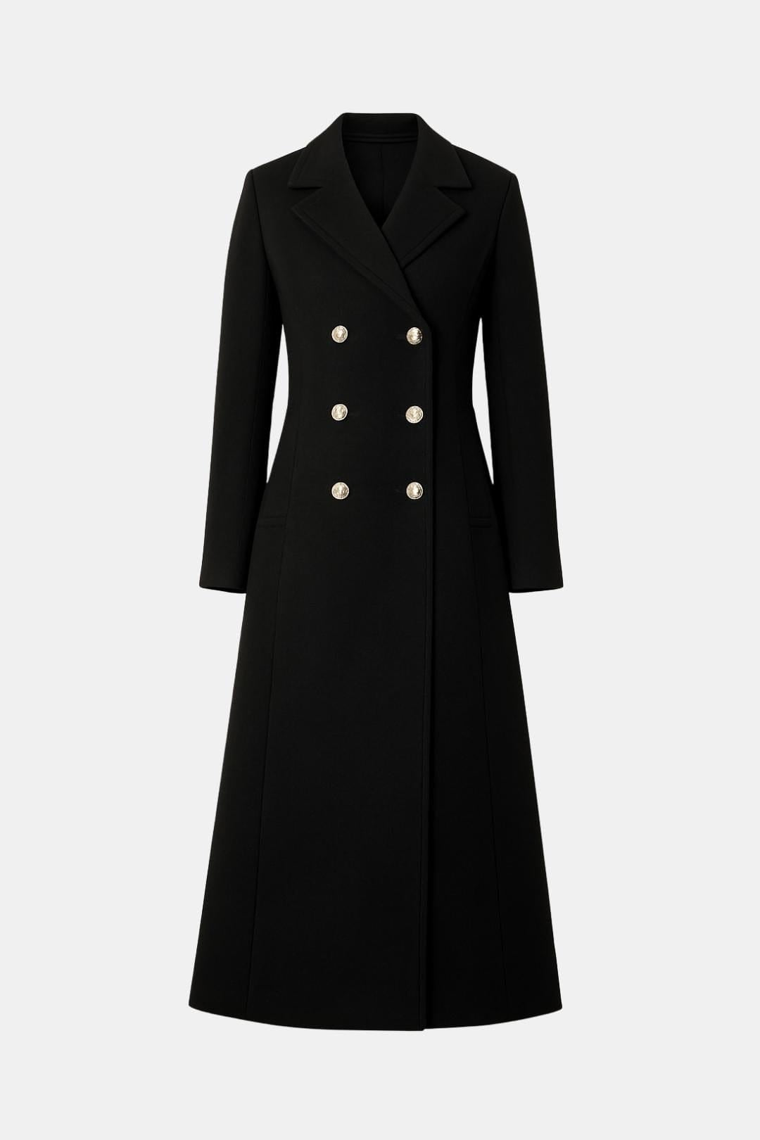 Double breasted longline wool coat with notch lapel, front view