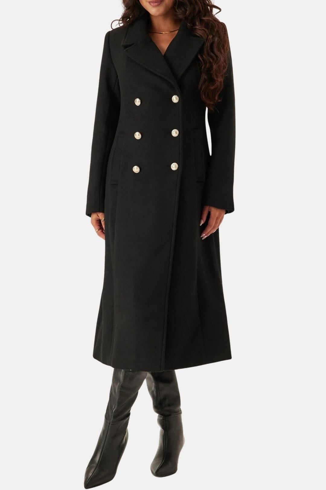 Double breasted longline wool coat with notch lapel