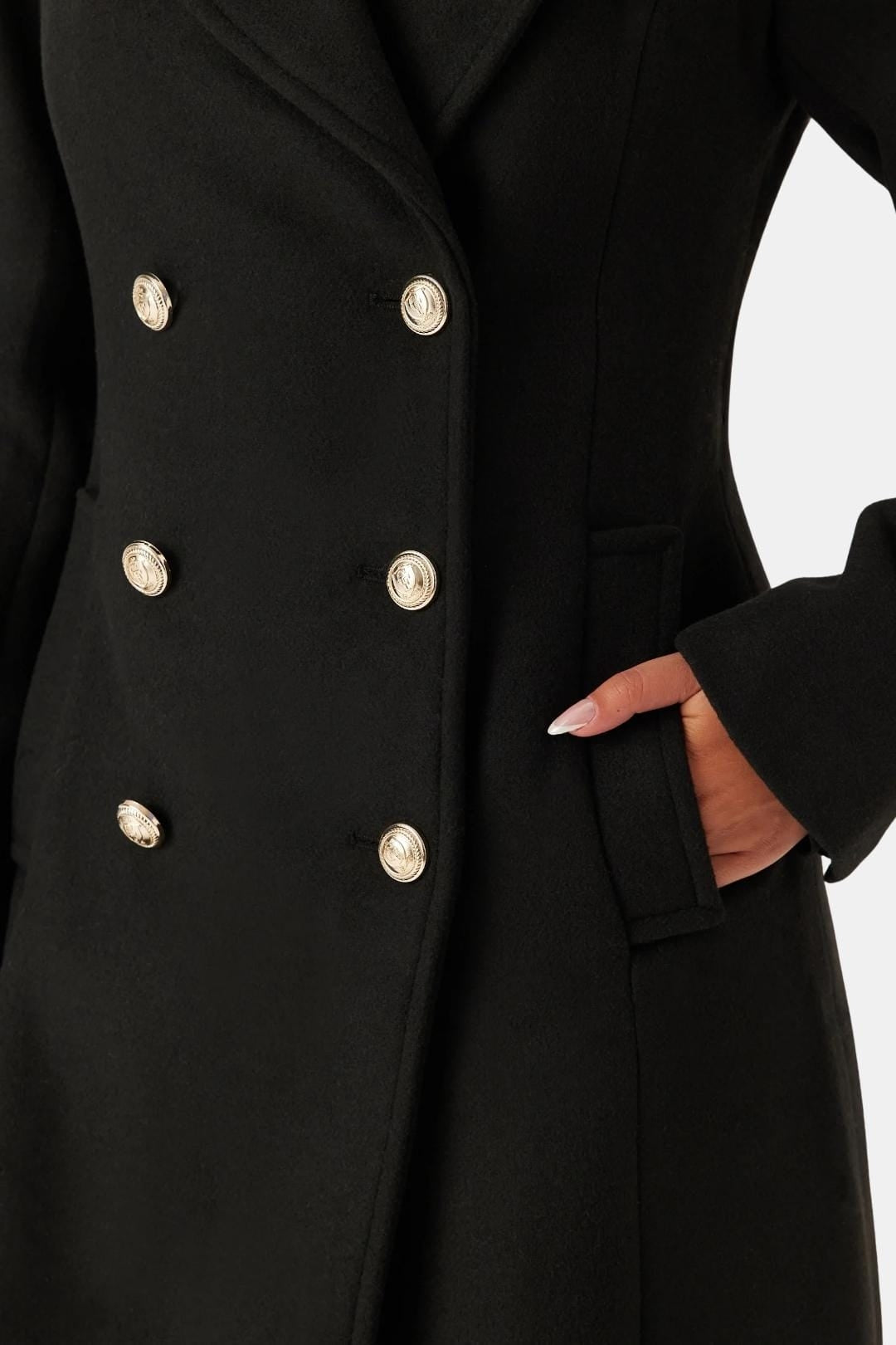 Double breasted longline wool coat with notch lapel