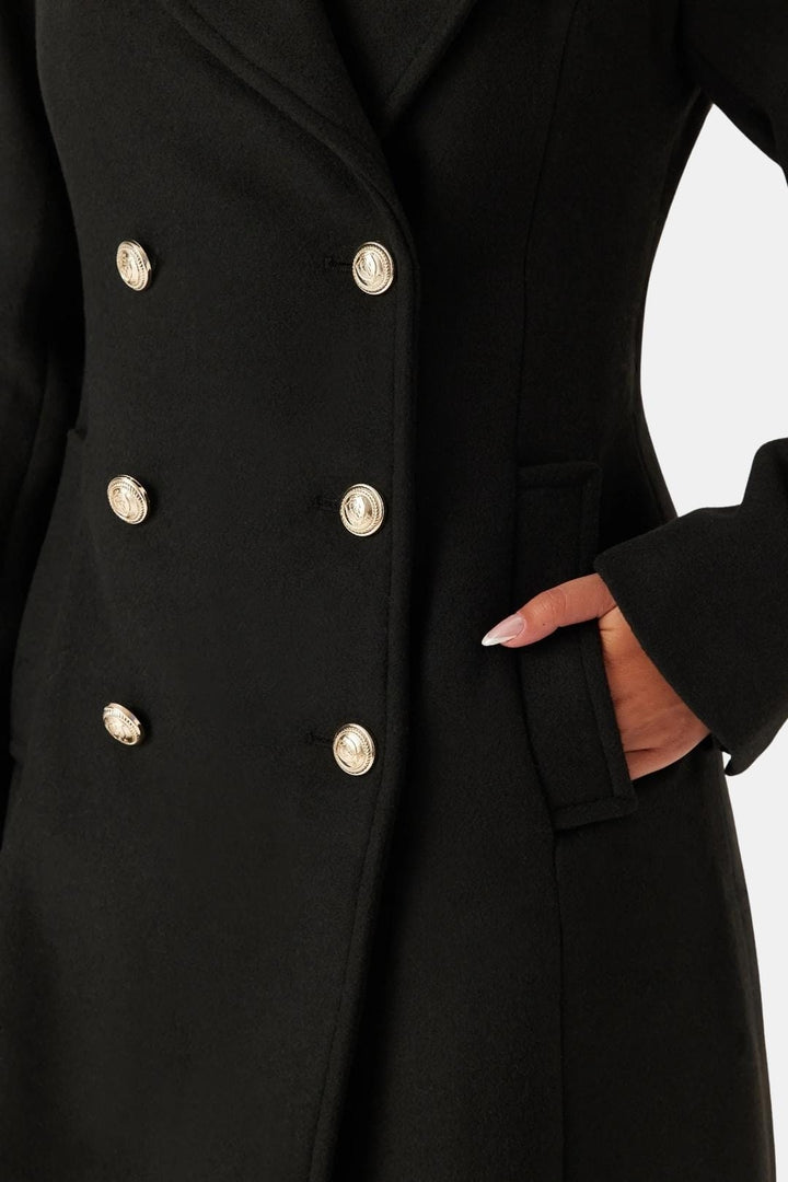 Double breasted longline wool coat with notch lapel