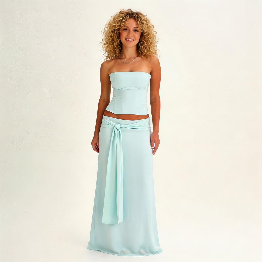 lichtblauwe strapless top en maxi rok set met tailleband dames