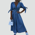 Denim maxi shirt dress for summer with buttons and V-neck