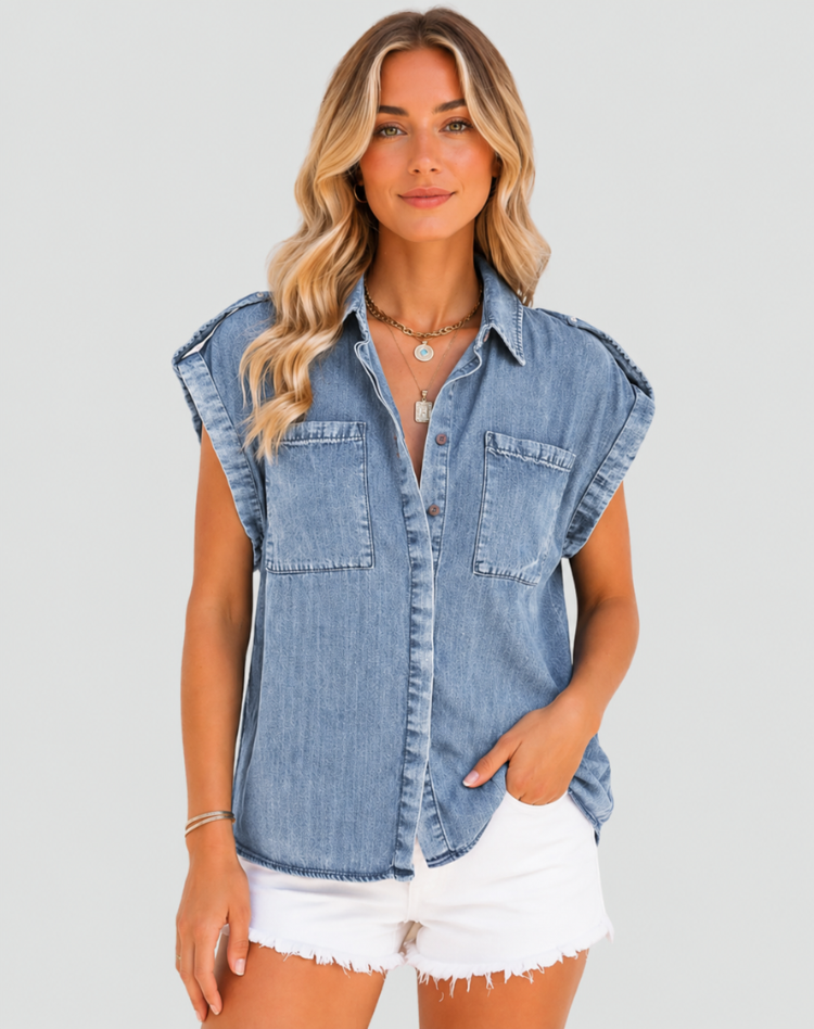 Sleeveless denim shirt with pockets for summer