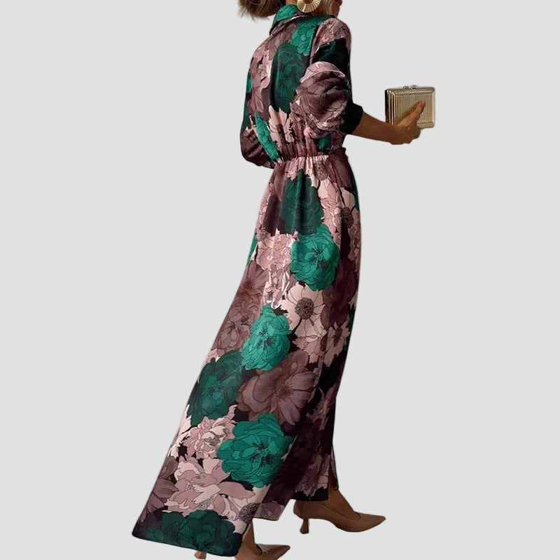 Sukienka maxi damska w kwiaty z paskiem elegancka