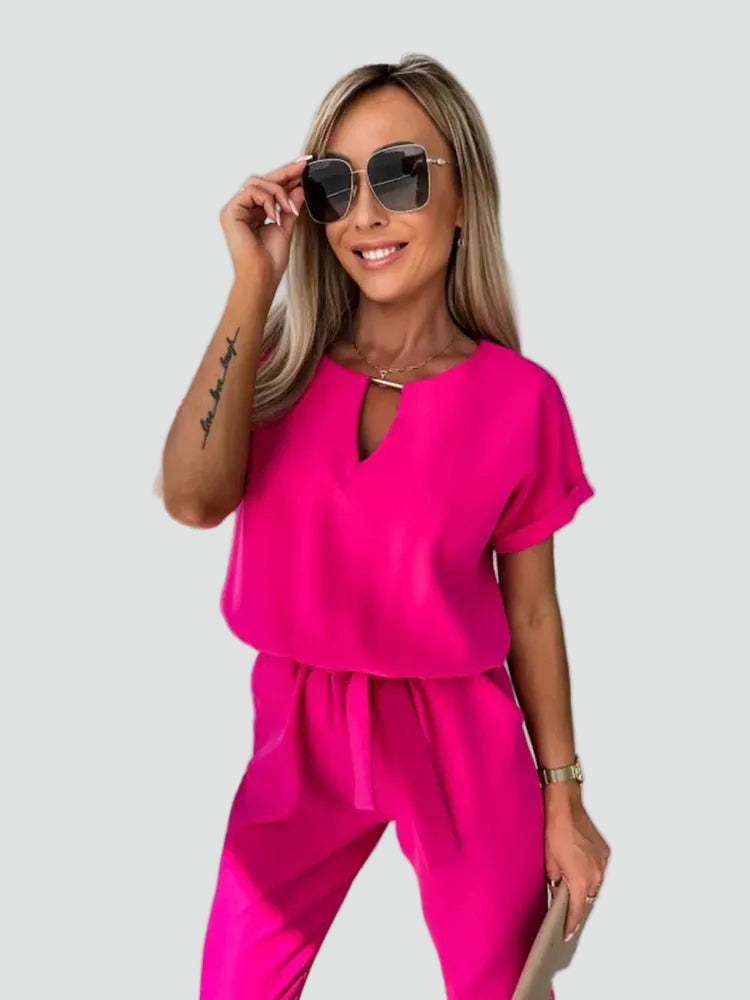 Women's jumpsuit with short sleeves and waist tie
