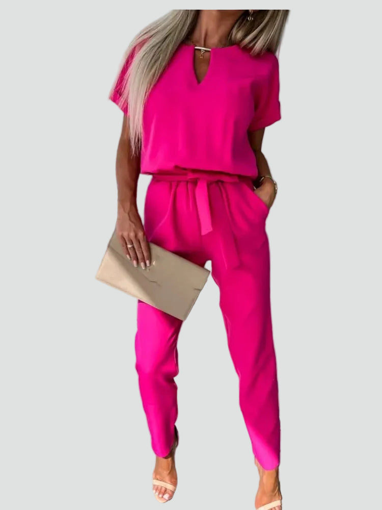 Women's jumpsuit with short sleeves and waist tie