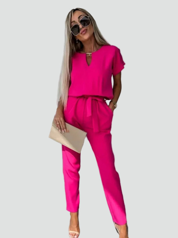 Women's jumpsuit with short sleeves and waist tie