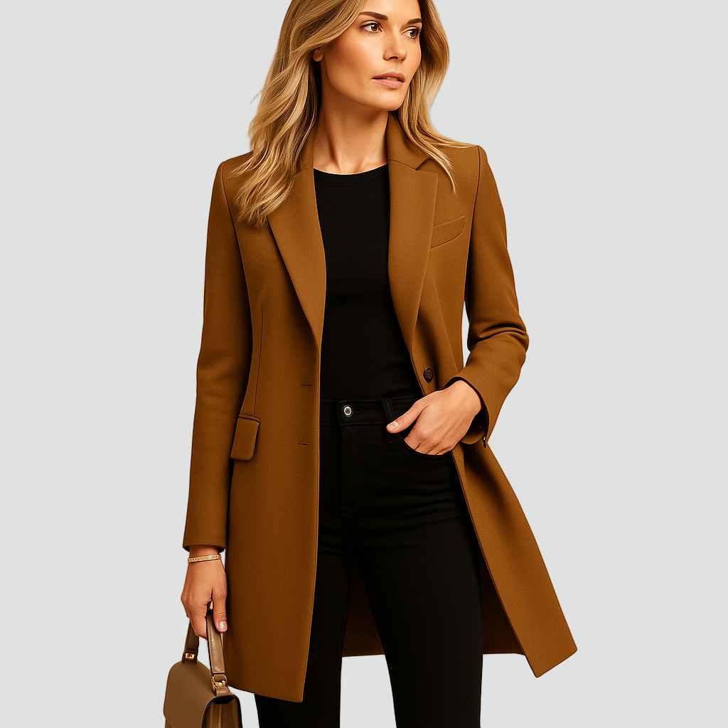 Długi jednorzędowy płaszcz wełniany damski elegancki