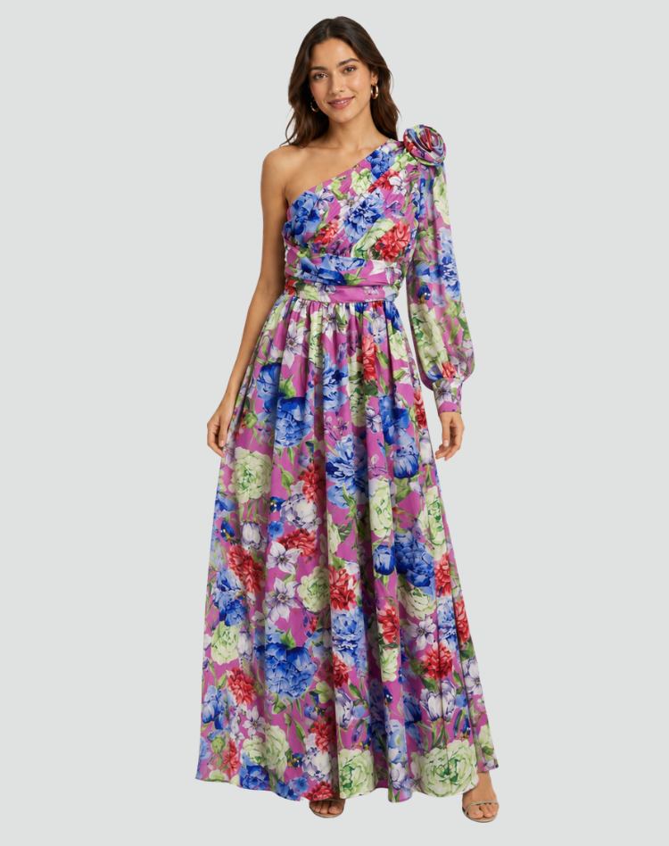 Purple one-shoulder maxi dress with floral print