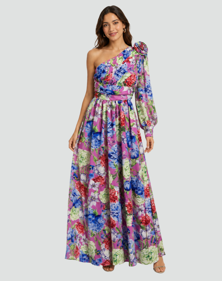 Purple one-shoulder maxi dress with floral print