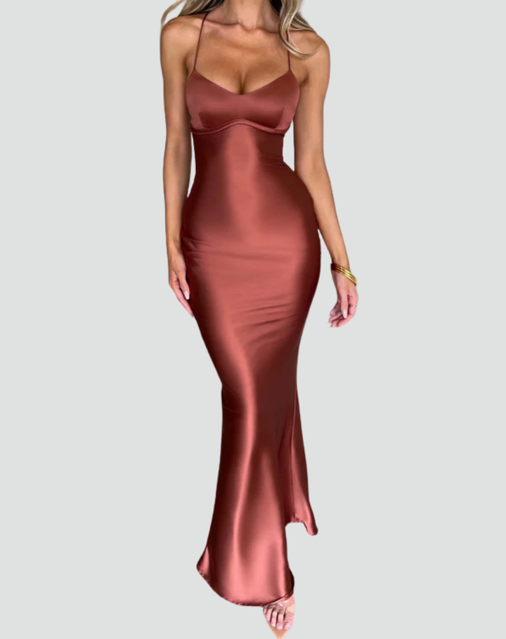 Satin-look maxi dress with cowl neckline for weddings