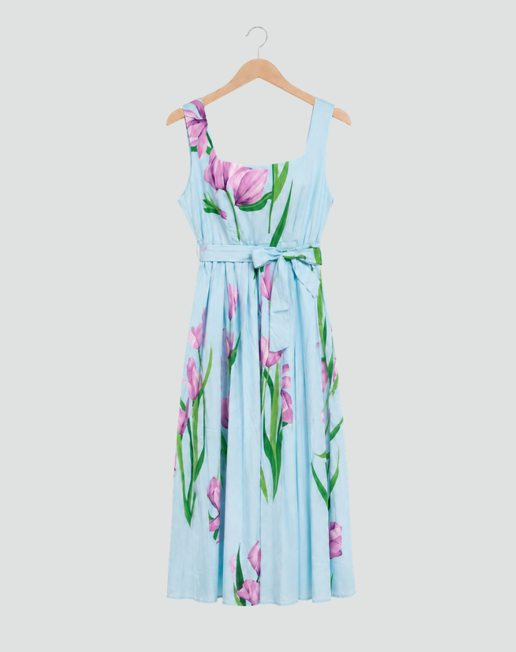 Robe maxi plissée sans manches à fleurs pour mariage avec décolleté carré