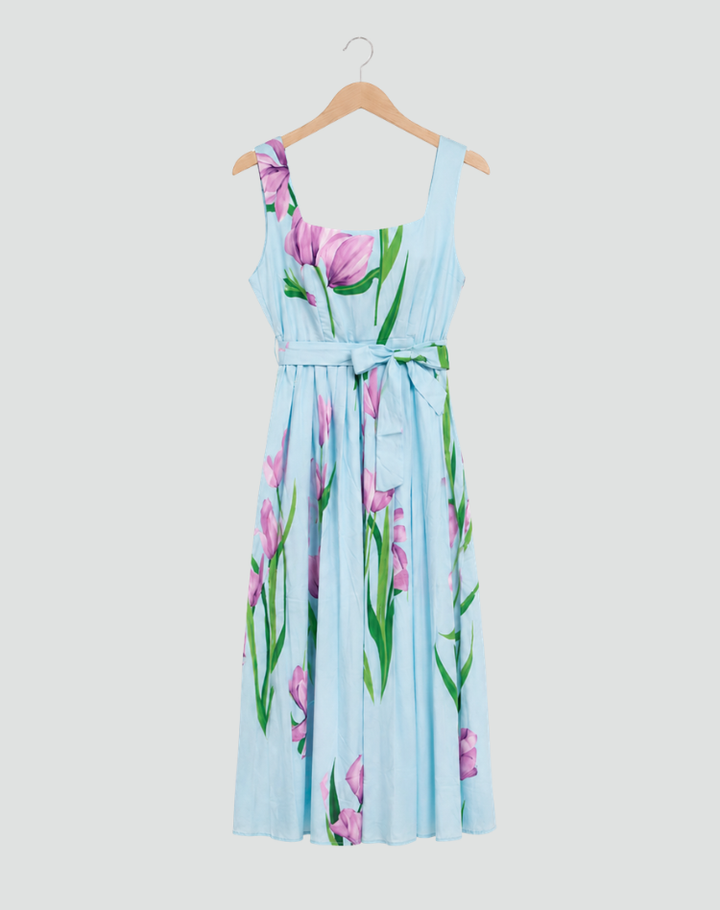 Robe maxi plissée sans manches à fleurs pour mariage avec décolleté carré