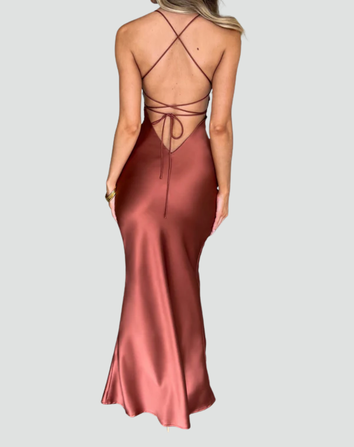Satin-look maxi dress with cowl neckline for weddings