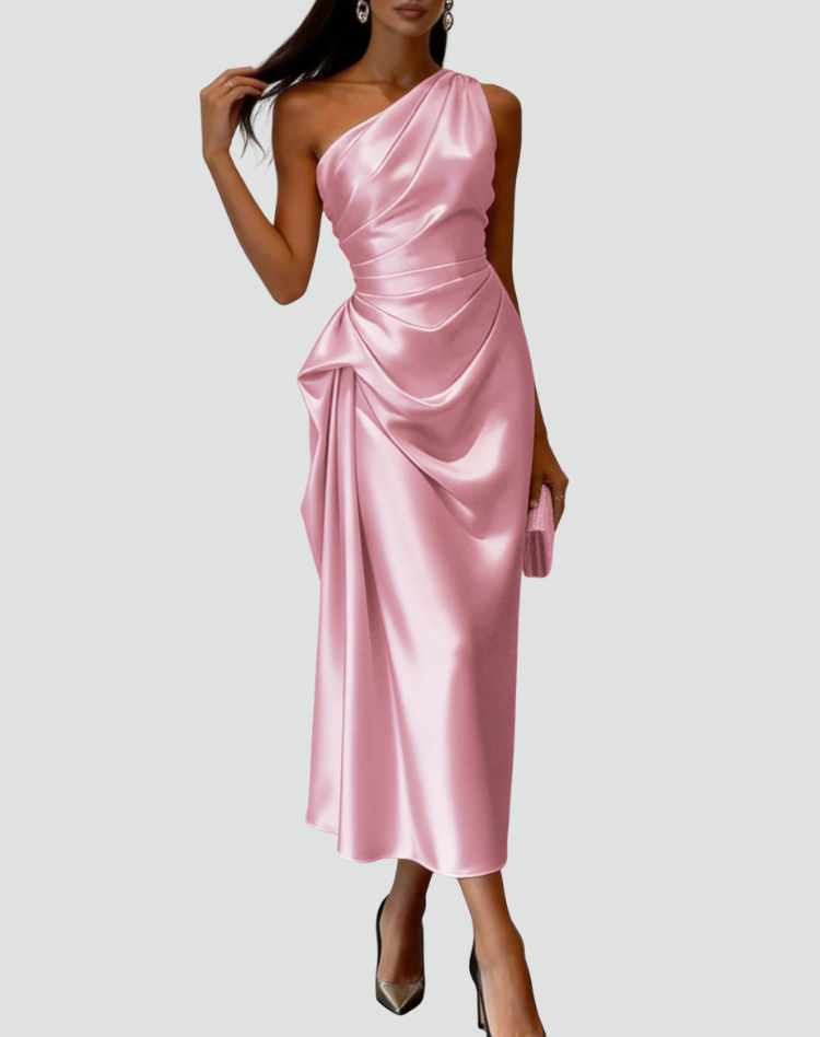 Midi satin dress with an asymmetrical neckline, perfect for a wedding.
