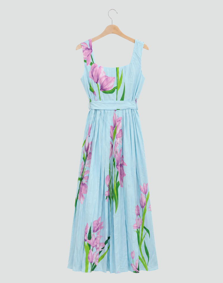 Robe maxi plissée sans manches à fleurs pour mariage avec décolleté carré