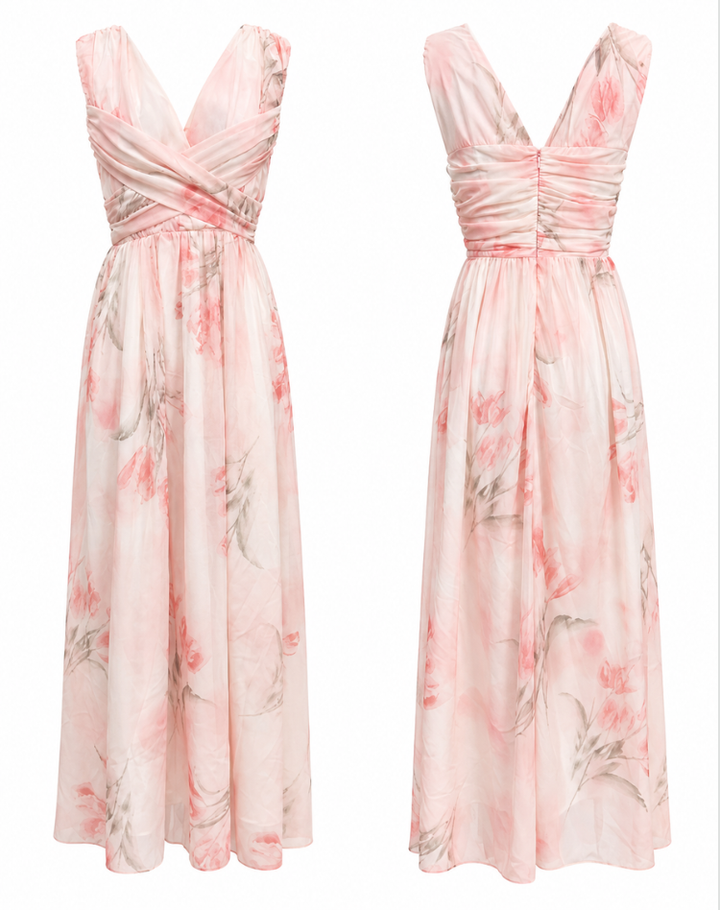 Robe maxi à col en V avec motif floral pour femmes