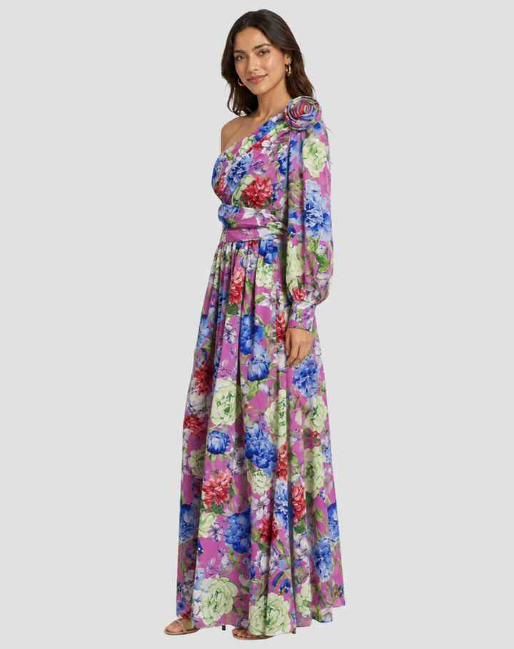 Purple one-shoulder maxi dress with floral print
