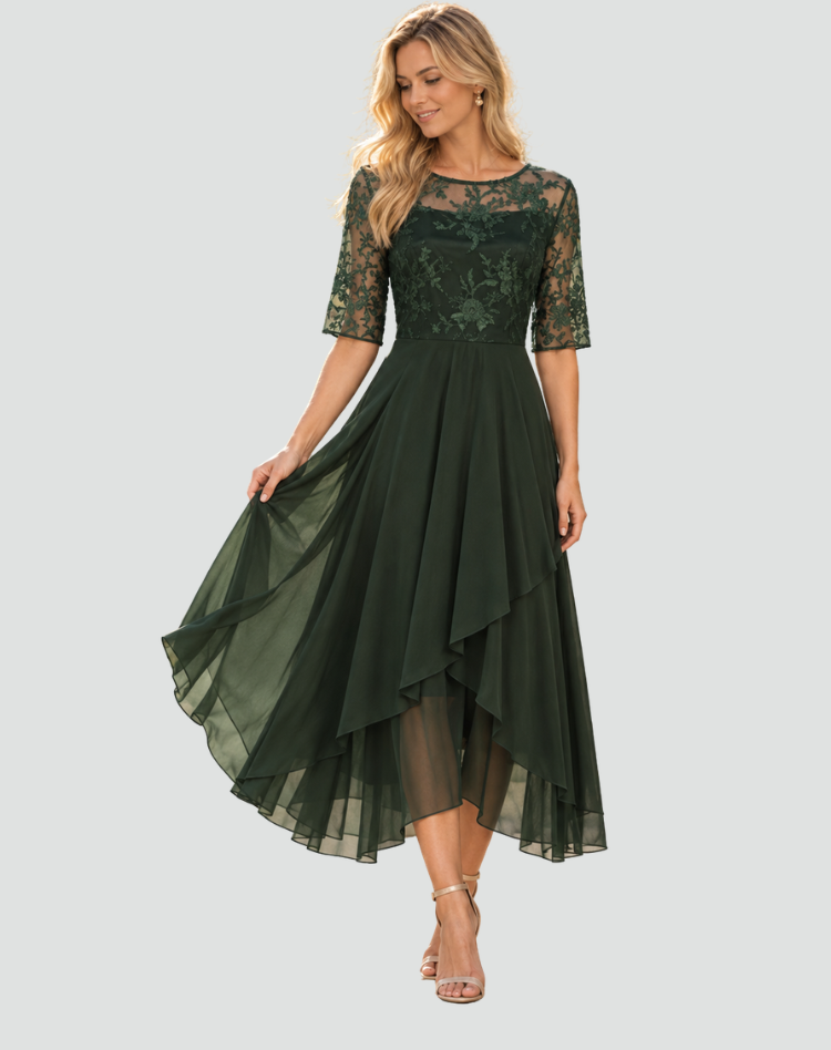 Sukienka midi gala damska koronkowa z rękawem 3 4 i tiulowym dołem