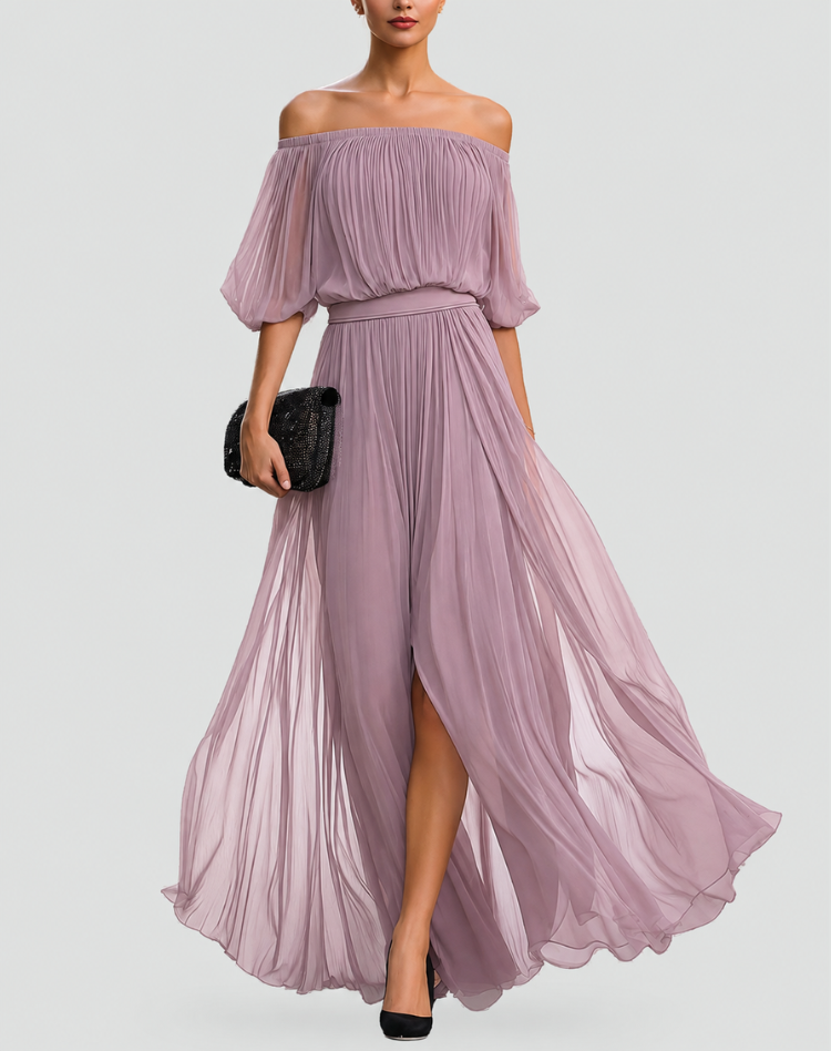 Maxi dress for a wedding with off-the-shoulder design and a pleated skirt
