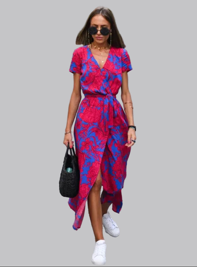 Women's wrap midi summer dress with belt and V-neckline