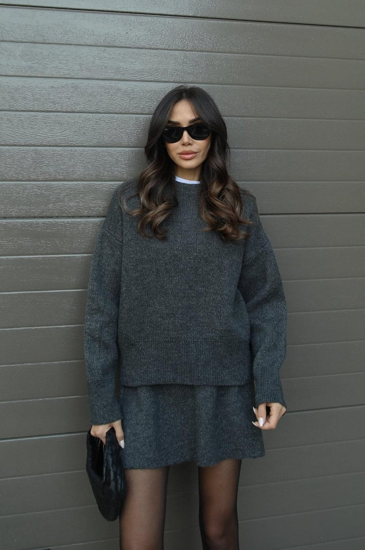 Dames Gebreide Trui en Rok Set - Oversized Pullover met Aansluitende Rok