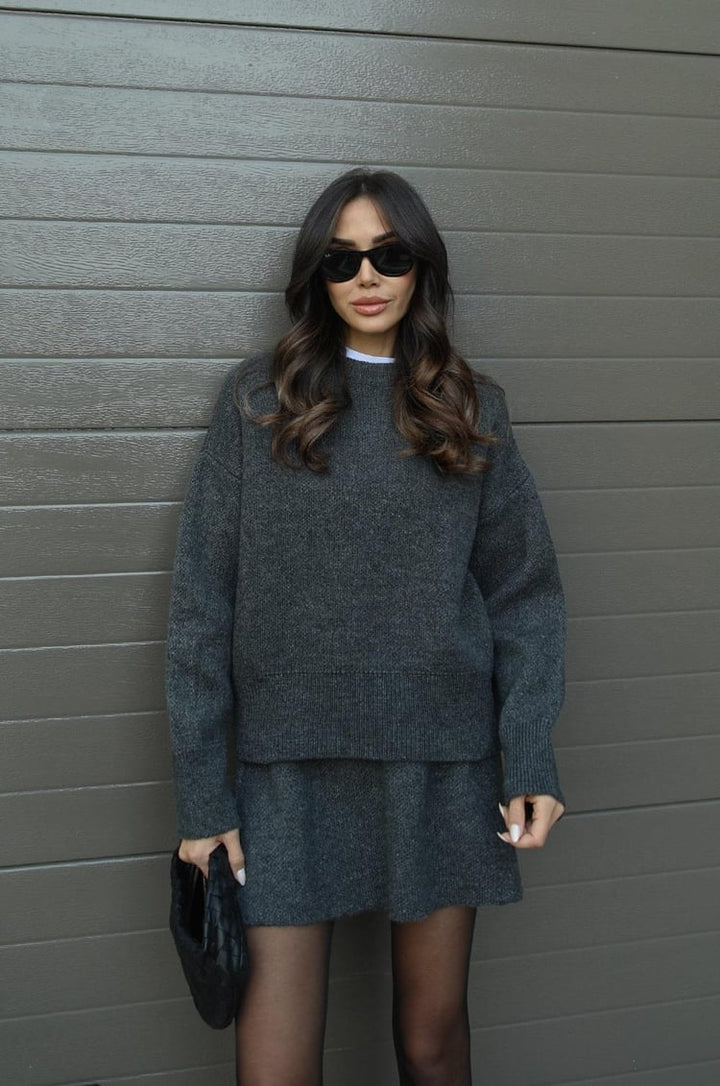 Dames Gebreide Trui en Rok Set - Oversized Pullover met Aansluitende Rok