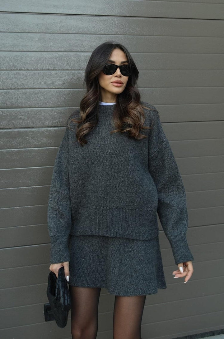 Dames Gebreide Trui en Rok Set - Oversized Pullover met Aansluitende Rok